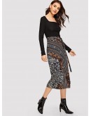 Tie Waist Mixed Print Wrap Skirt