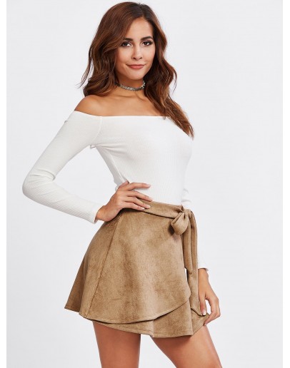 Self Belted Wrap Suede Skirt