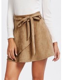 Self Belted Wrap Suede Skirt