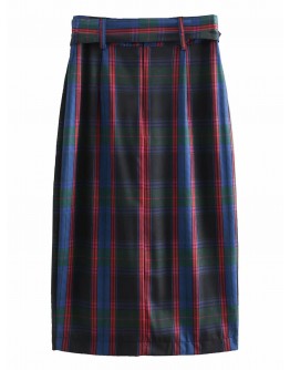 Self Tie Slit Hem Plaid Pencil Skirt