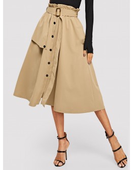 Button Front Belted Paperbag Utility Skirt