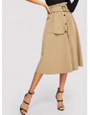 Button Front Belted Paperbag Utility Skirt