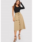 Button Front Belted Paperbag Utility Skirt