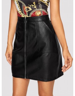 Pocket Patched O-ring Zipper PU Leather Skirt