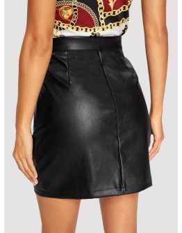 Pocket Patched O-ring Zipper PU Leather Skirt