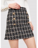 Double-breasted Plaid Tweed Skirt