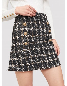 Double-breasted Plaid Tweed Skirt