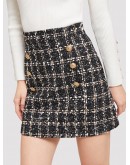 Double-breasted Plaid Tweed Skirt