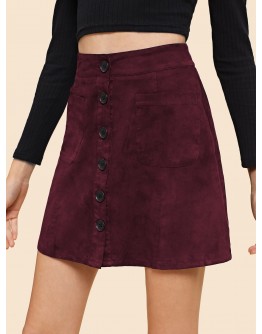 Single Breasted Dual Pocket Suede Skirt