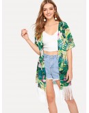 Tropical &amp; Chain Print Fringe Kimono