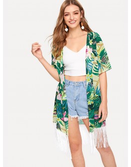 Tropical &amp; Chain Print Fringe Kimono