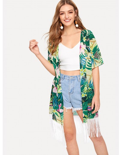 Tropical &amp; Chain Print Fringe Kimono