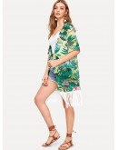 Tropical &amp; Chain Print Fringe Kimono