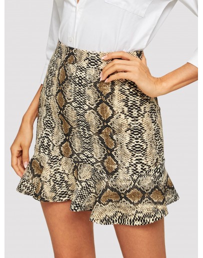 Ruffle Hem Snakeskin Bodycon Skirt