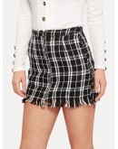 Zip Front Frayed Tweed Skirt