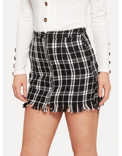 Zip Front Frayed Tweed Skirt