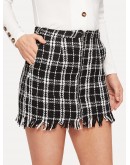 Zip Front Frayed Tweed Skirt