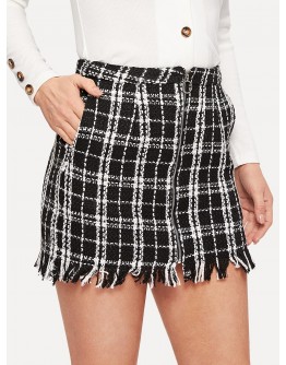 Zip Front Frayed Tweed Skirt