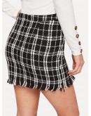 Zip Front Frayed Tweed Skirt