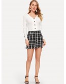 Zip Front Frayed Tweed Skirt