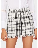 O-ring Zip Front Frayed Edge Tweed Skirt