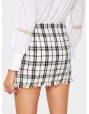 O-ring Zip Front Frayed Edge Tweed Skirt