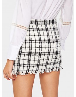 O-ring Zip Front Frayed Edge Tweed Skirt