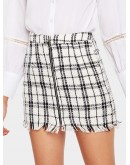 O-ring Zip Front Frayed Edge Tweed Skirt