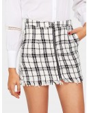 O-ring Zip Front Frayed Edge Tweed Skirt