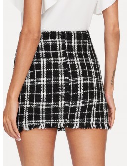 Frayed Edge Plaid Tweed Skirt