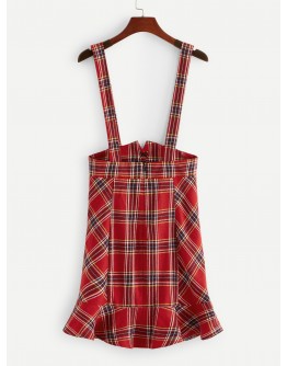 Lace Up Ruffle Hem Plaid Pinafore Skirt