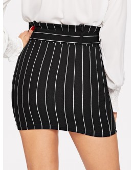 Paperbag Waist Belted Pinstripe Bodycon Skirt