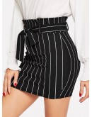 Paperbag Waist Belted Pinstripe Bodycon Skirt