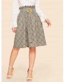 Paper-bag Waist Plaid Flare Skirt