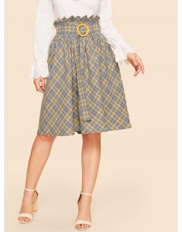 Paper-bag Waist Plaid Flare Skirt