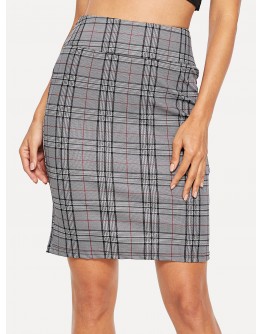 Zip Back Wide Waist Plaid Skirt