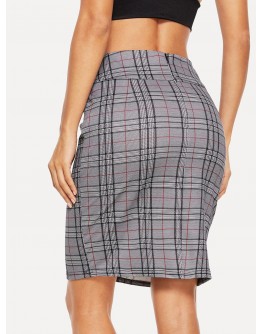 Zip Back Wide Waist Plaid Skirt