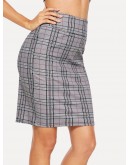 Zip Back Wide Waist Plaid Skirt