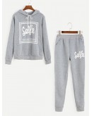 Letter Print Drawstring Hooded Tracksuit