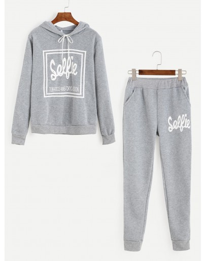 Letter Print Drawstring Hooded Tracksuit