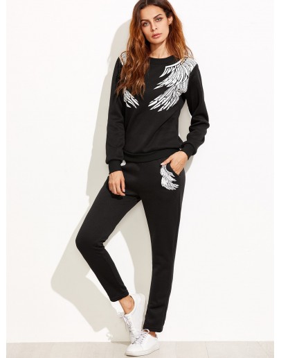 Angel Wings Print Sweatshirt With Pants