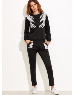 Angel Wings Print Sweatshirt With Pants