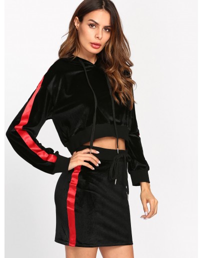 Striped Raglan Crop Velvet Hoodie &amp; Skirt Set