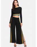 Striped Hem Crop Top &amp; Split Side Palazzo Pants Set