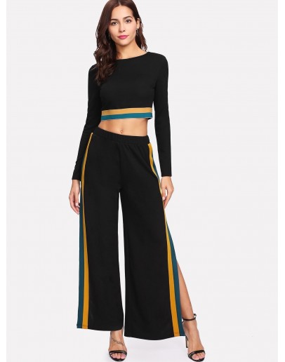 Striped Hem Crop Top &amp; Split Side Palazzo Pants Set