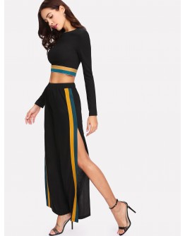 Striped Hem Crop Top &amp; Split Side Palazzo Pants Set