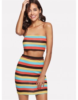 Striped Crop Bandeau Top &amp; Fitted Skirt Set