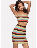 Striped Crop Bandeau Top &amp; Fitted Skirt Set