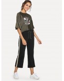 Letter Print Ruffle Top &amp; Stripe Contrast Pants