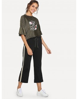 Letter Print Ruffle Top &amp; Stripe Contrast Pants